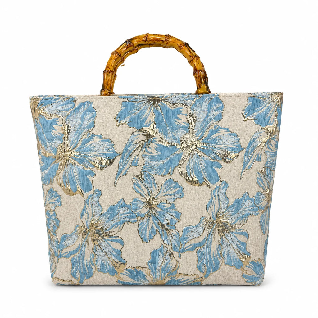 Women's Floral Tote Bag – Bamboo Handle Beach Shoulder Bag