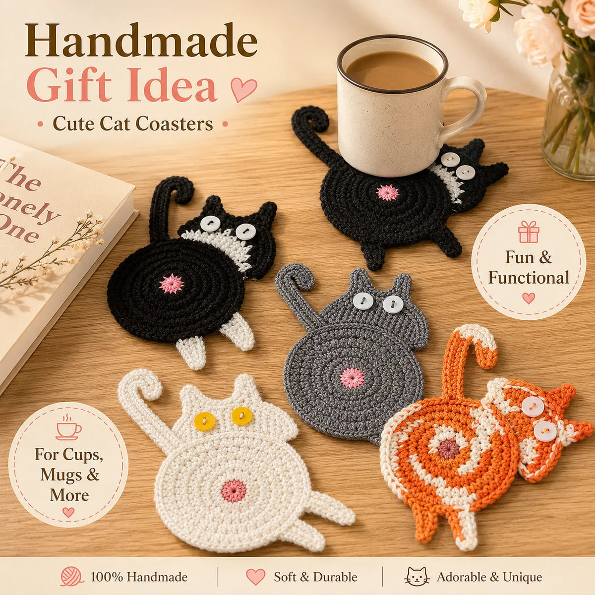 Handmade Crochet Cat Coaster – Knitted Felt Mug Pad Gift