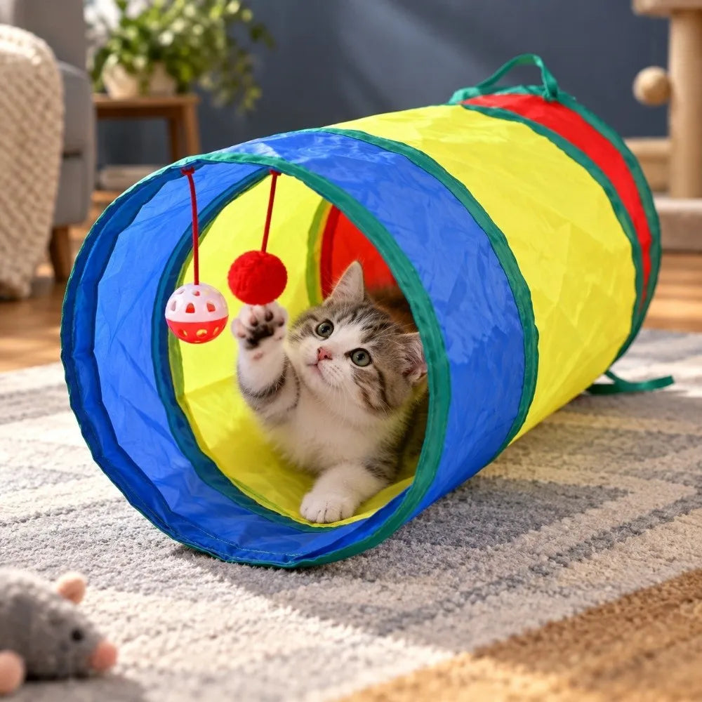 Collapsible Rainbow Cat Tunnel Toy with Hanging Ball