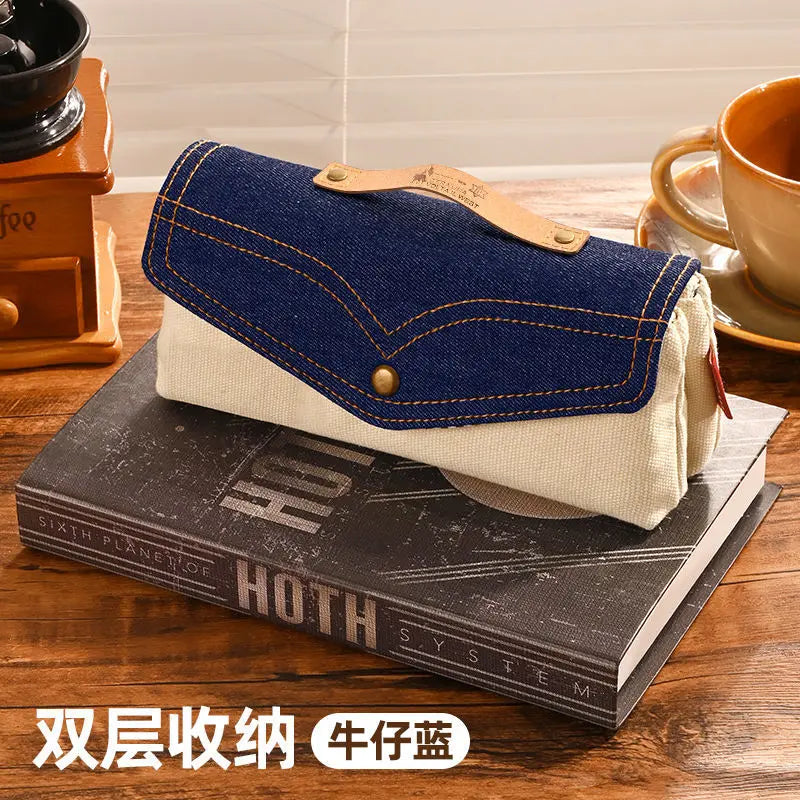 Vintage Denim Pencil Case – Large Capacity Double Layer Pouch