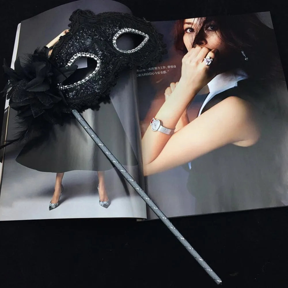 Handheld Feather Masquerade Mask – White Lace & Holding Stick