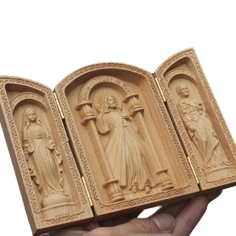 Catholic Wooden Triptych Shrine Box – Carved Religious Altar