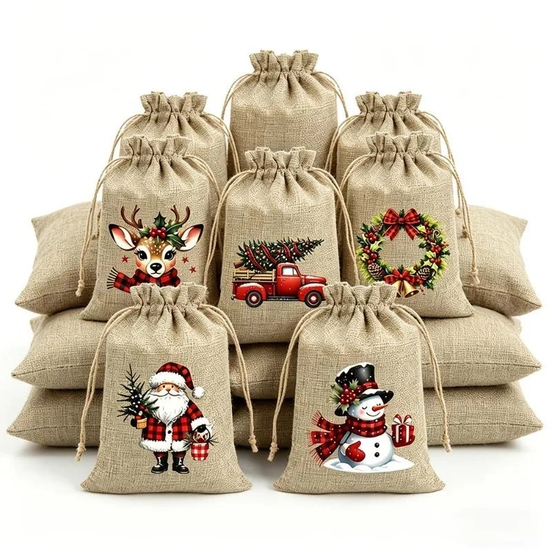 Christmas Burlap Drawstring Gift Bags – 5/12 Pack, 5 Designs