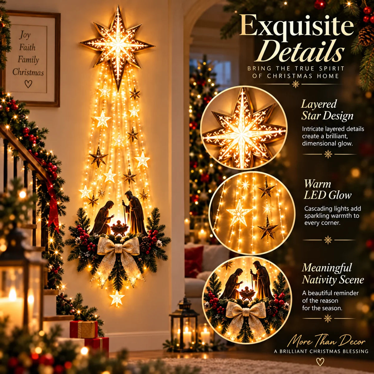 Lighted Nativity Scene Wall Hanging – LED Star & Pine Décor