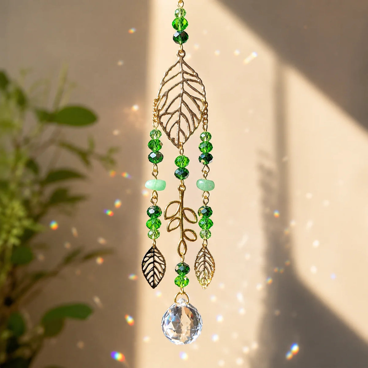 Green Crystal Suncatcher – Gold Leaf Rainbow Prism Window Decor