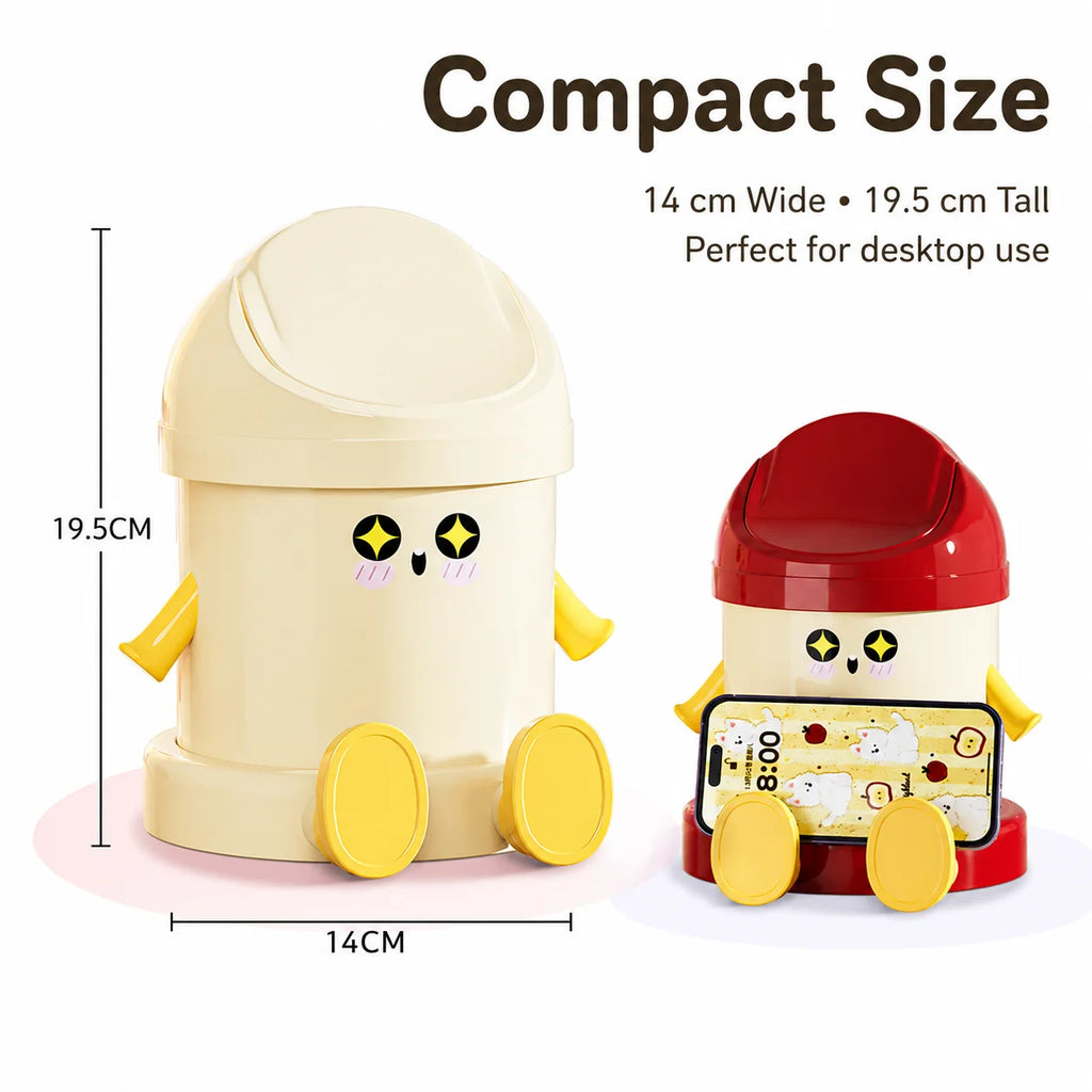 Cartoon Desktop Trash Can with Phone Stand & Flip Lid