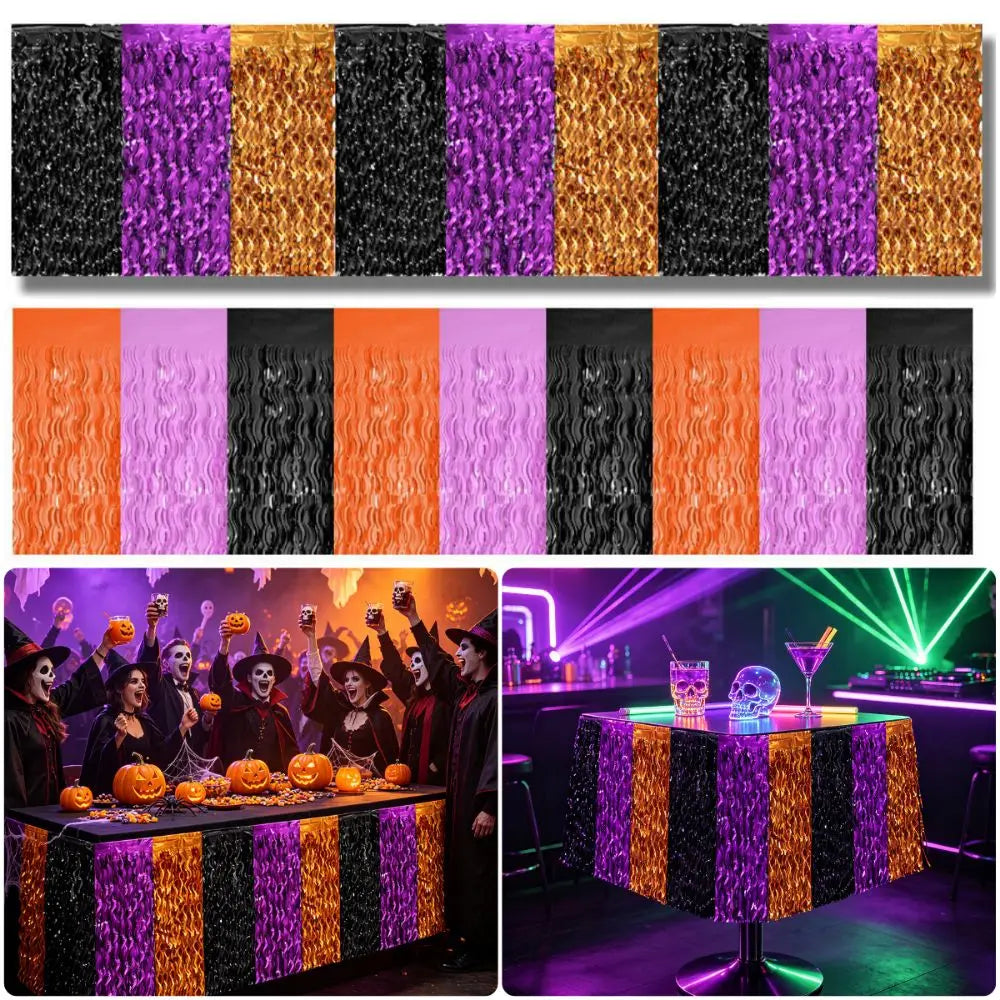 Halloween Metallic Tinsel Table Skirt – Black Purple Orange