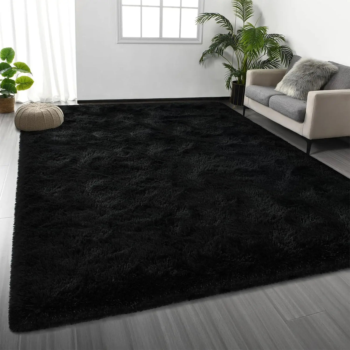 VIKAMA Black Shag Plush Area Rug – Soft Bedroom & Living Room