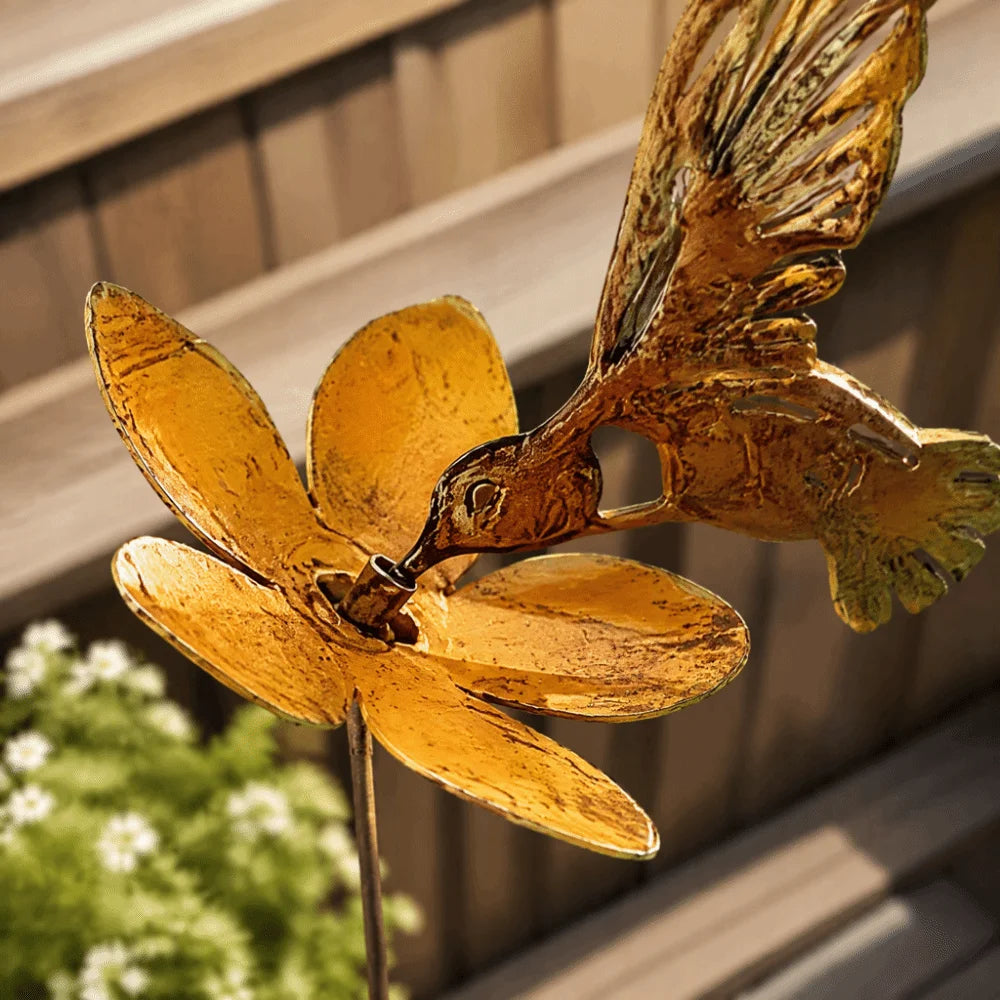 Gold Hummingbird Metal Garden Stake – Farmhouse Yard Décor