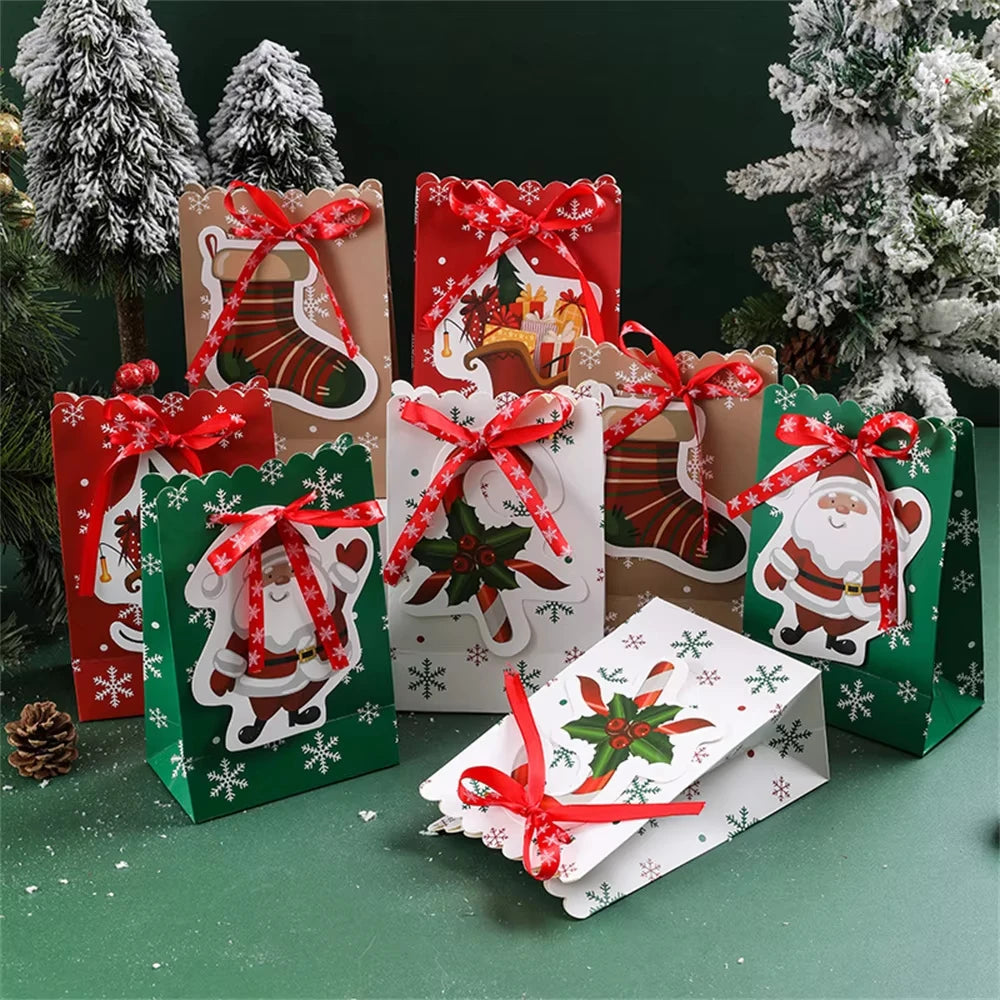 Cartoon Christmas Paper Gift Bag | Snowflake Ribbon Bow Handle
