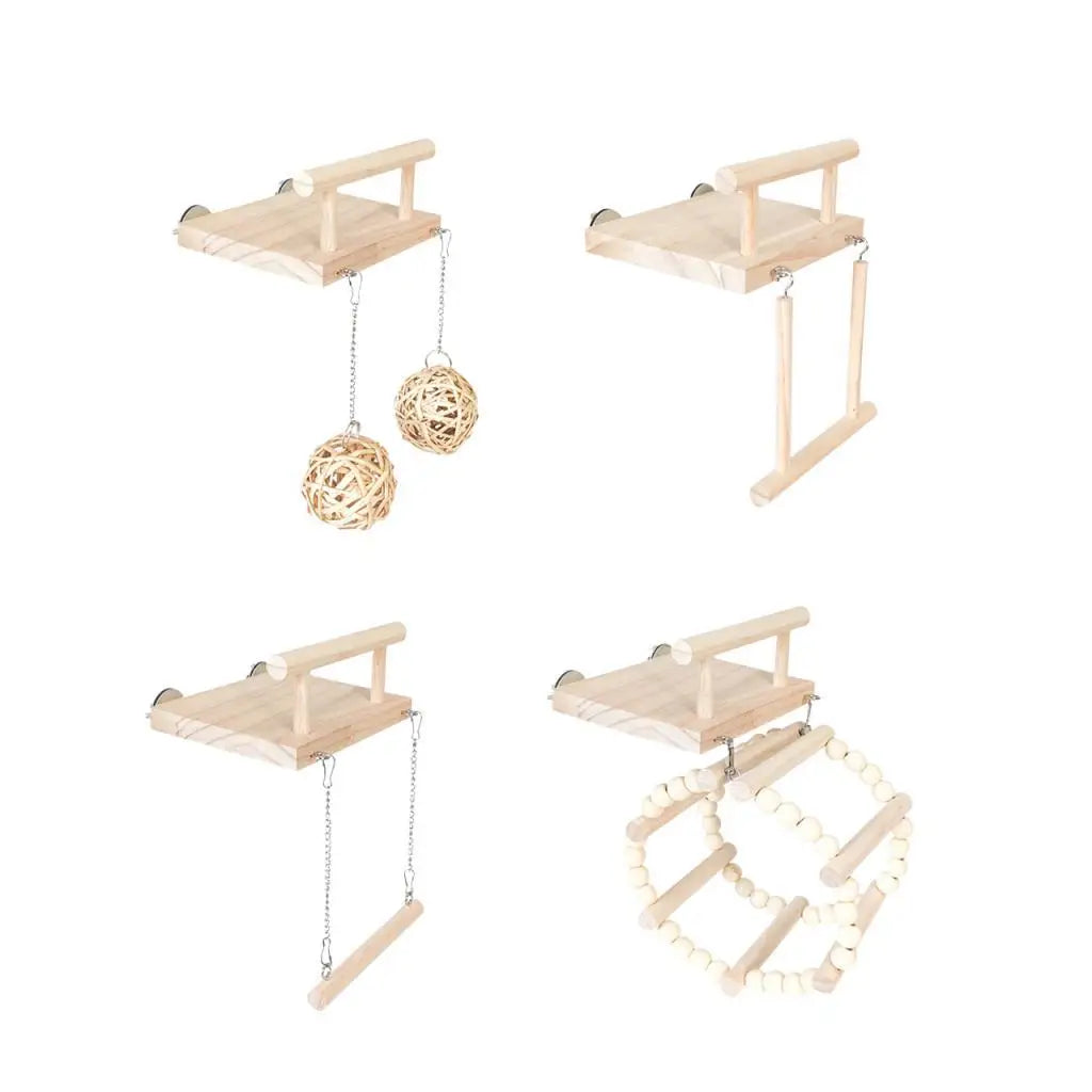 Wooden Bird Parrot Perch & Cage Hanging Stand Toy