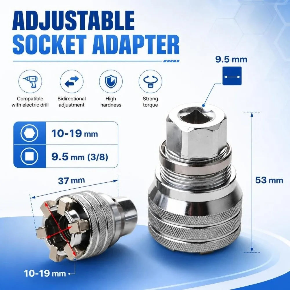 Universal Socket Wrench Set 10–19mm | 3/8" Drill Adapter