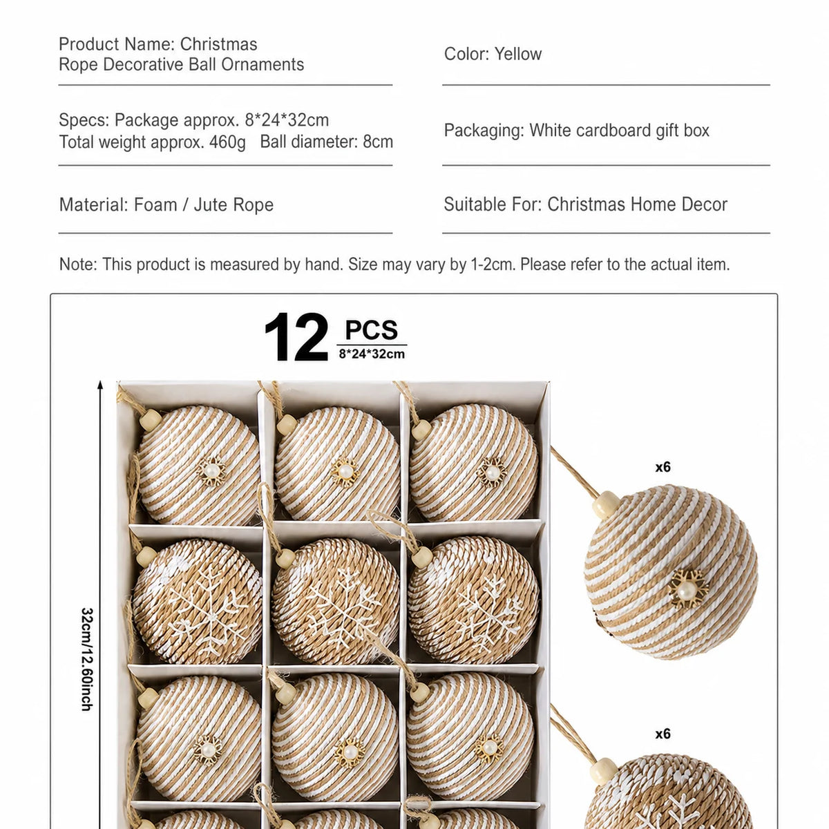 Rustic Christmas Ball Ornaments 12-Piece Jute Foam Set