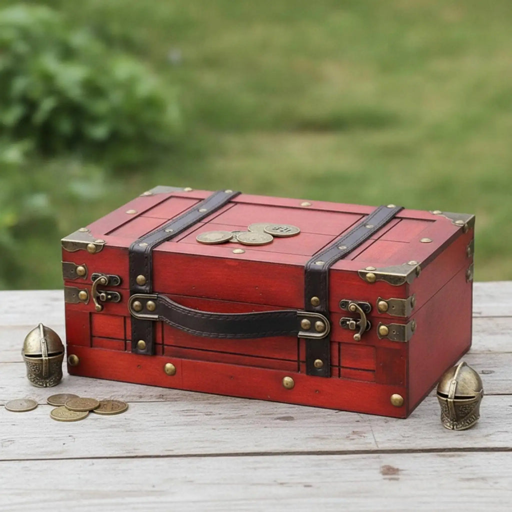 Vintage Ebony Wood Suitcase Box with Leather Handle