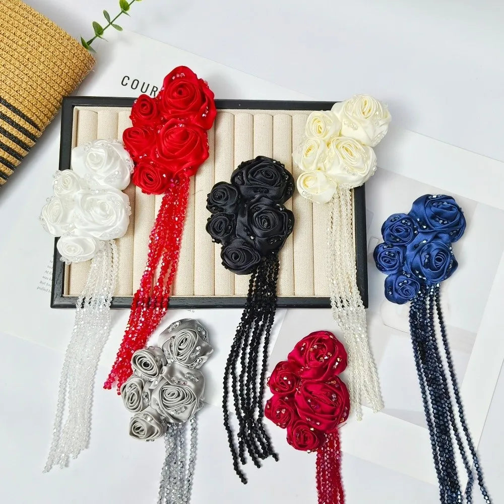 3D Satin Rose Appliqué with Crystal Bead Tassels | DIY Decor