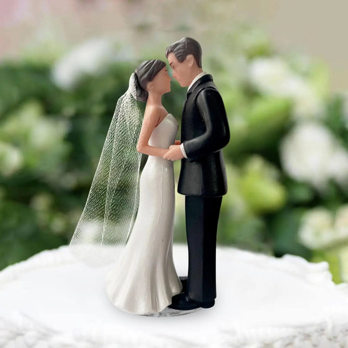 Wedding Cake Topper Bride & Groom Sculpture with White Veil