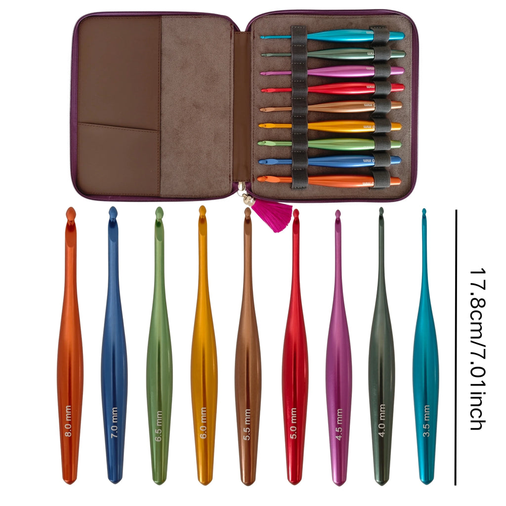9-Piece Aluminum Crochet Hook Set with Ergonomic Handles & Case