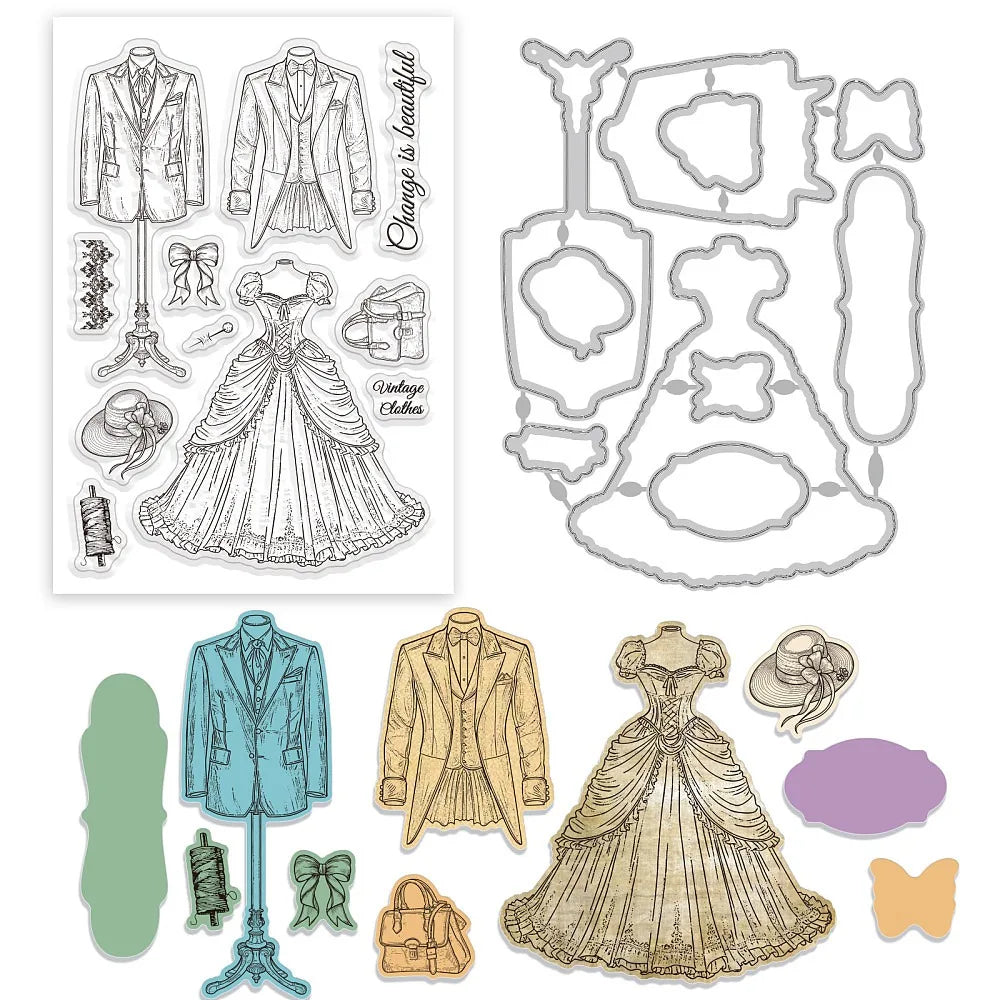 Vintage Clothing Clear Stamps & Cutting Dies Set for DIY Cards