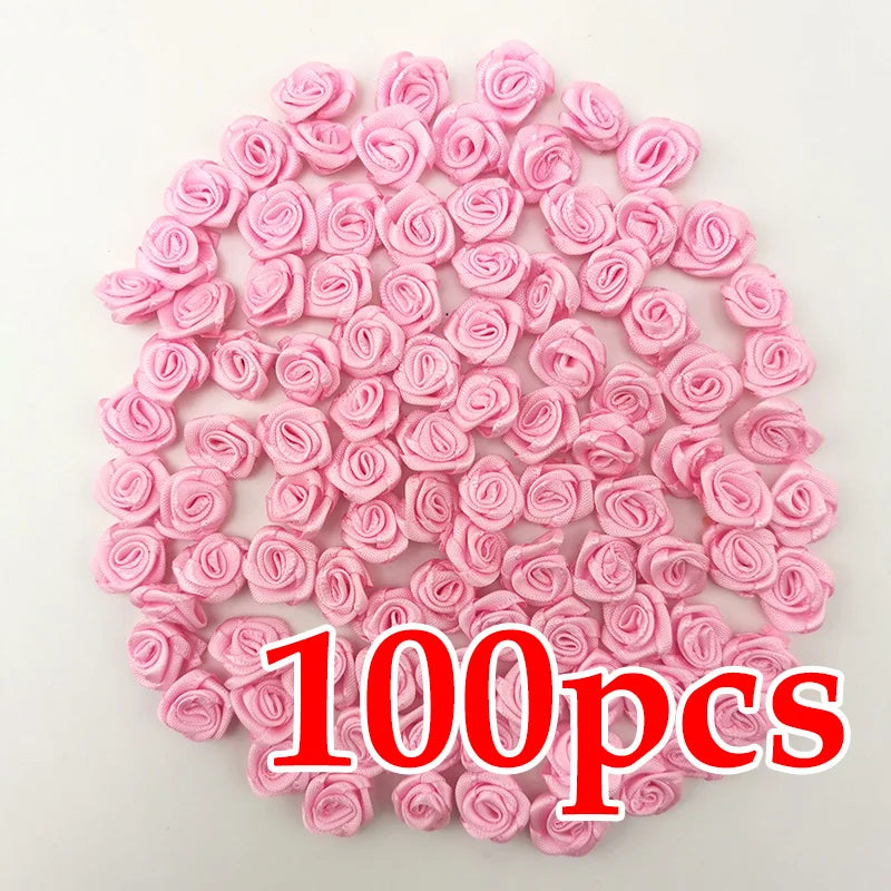 100-Pack Pink Satin Ribbon Rose Flowers 10mm | Craft Décor