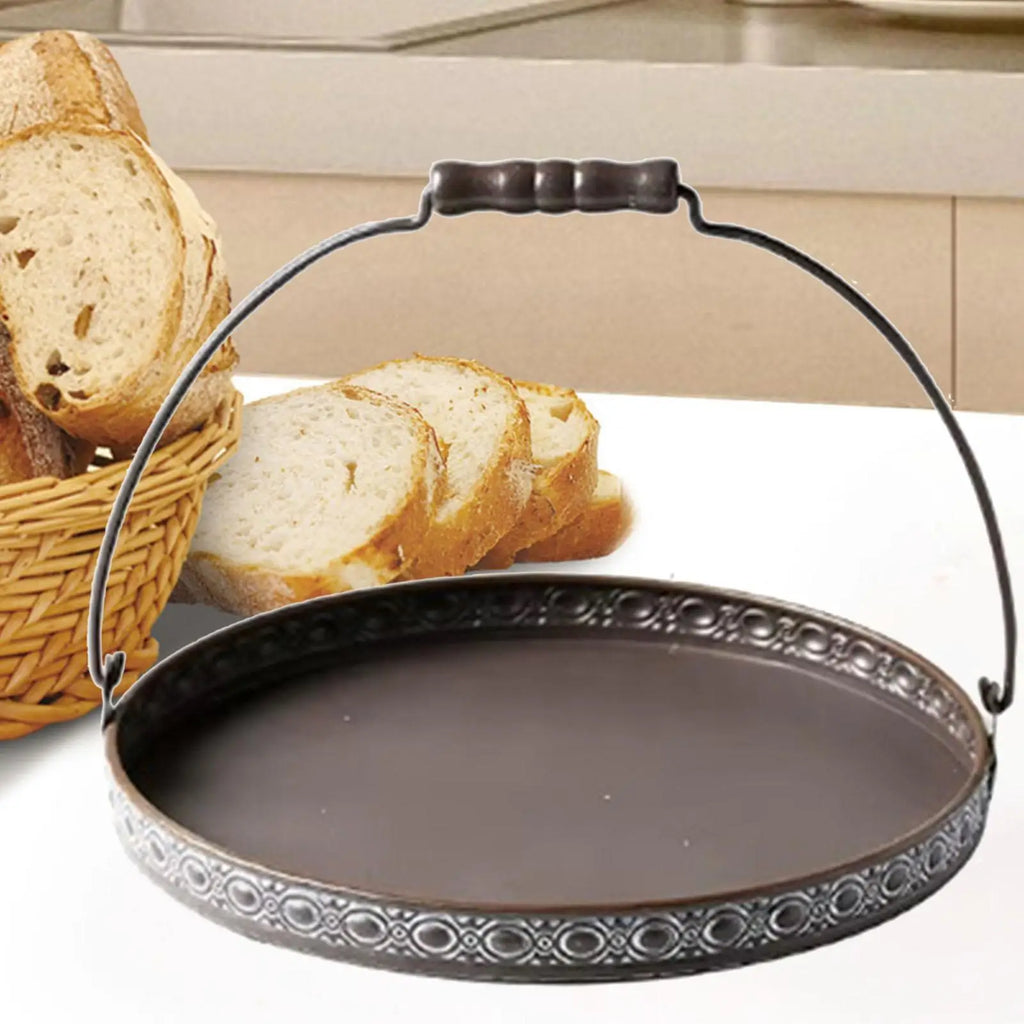 Antique Round Metal Serving Tray with Handles | Rustic Décor