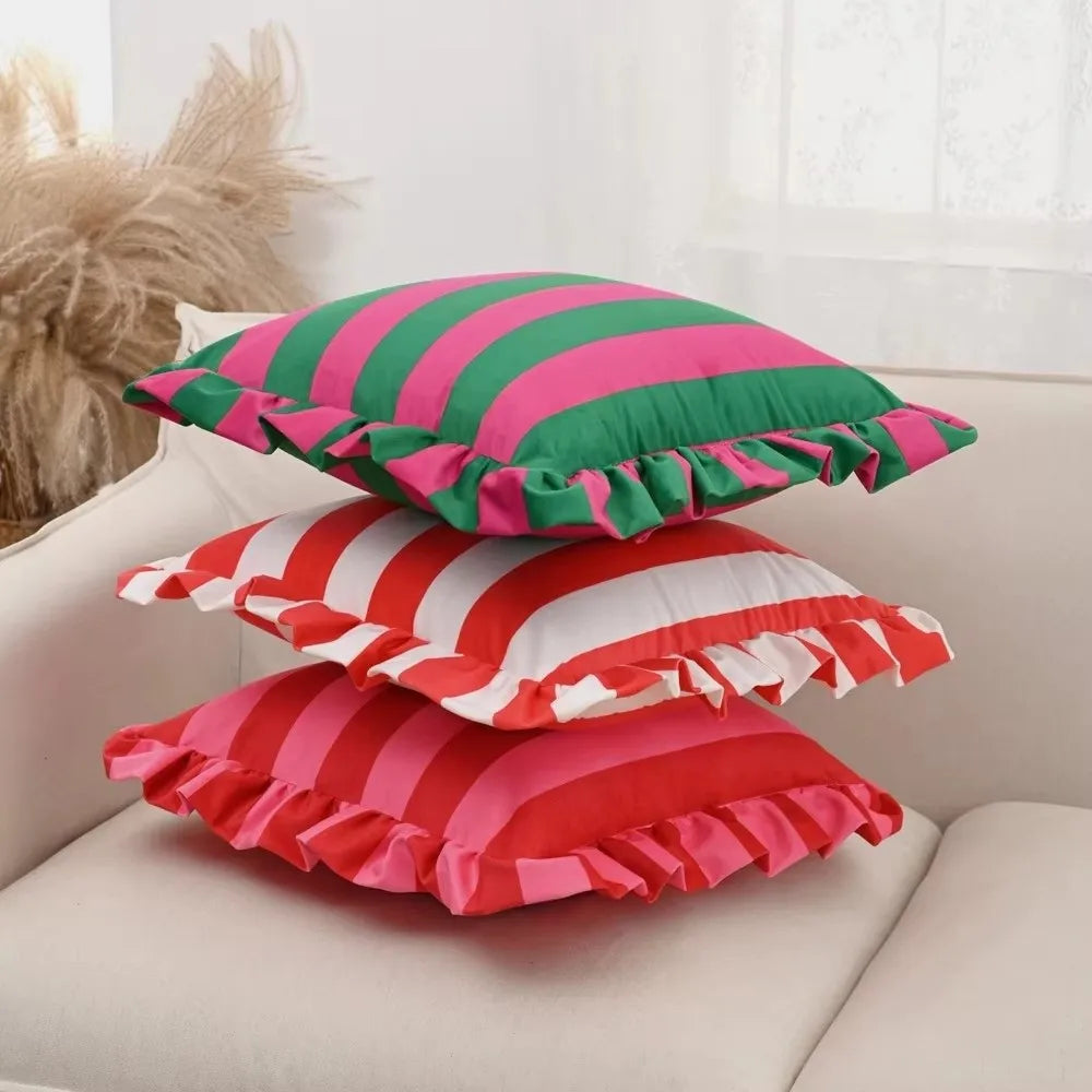 Striped Velvet Pillowcase Lotus Leaf Edge Soft Cushion Cover