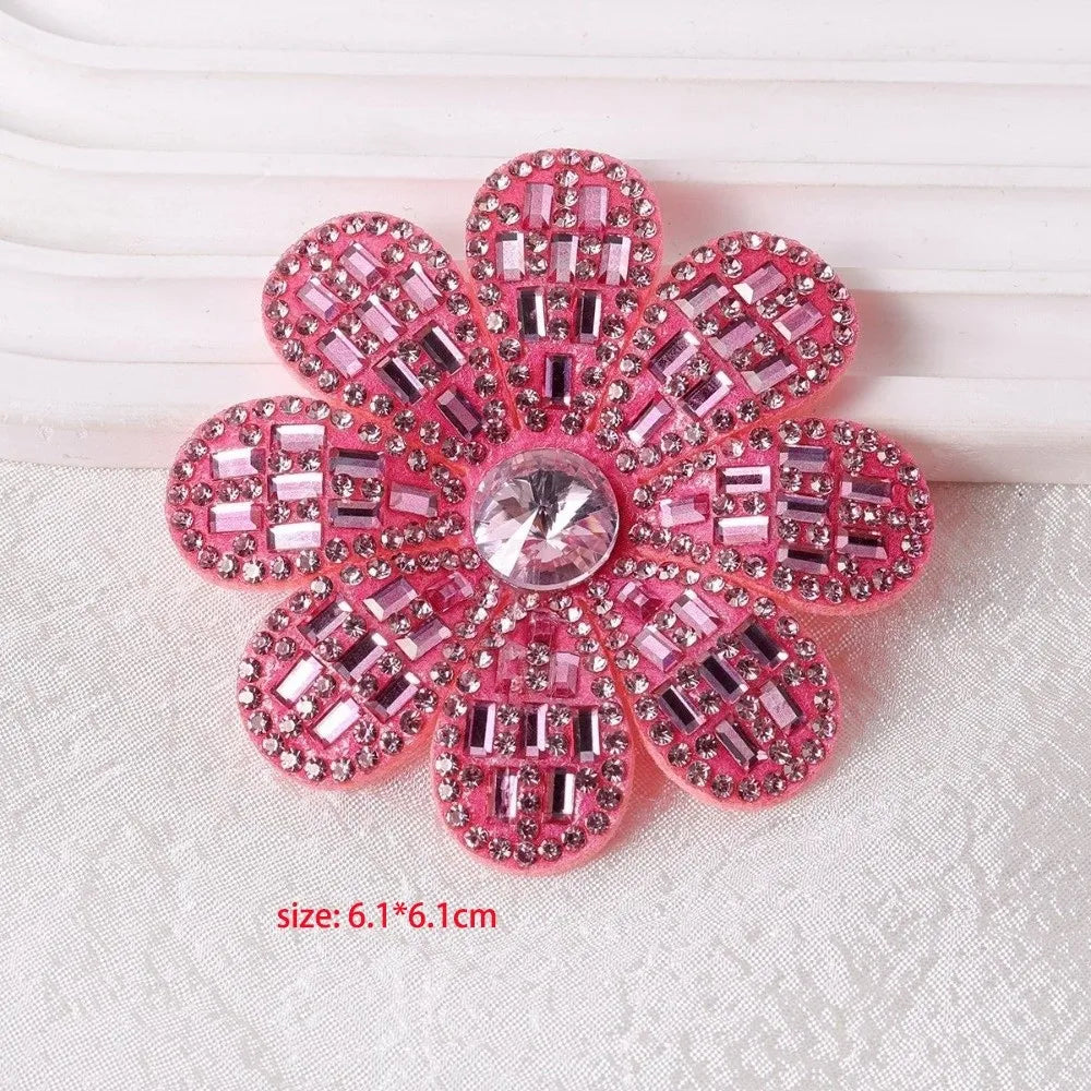 3D Rhinestone Flower Patches – 8-Petal Non-Woven Appliqué