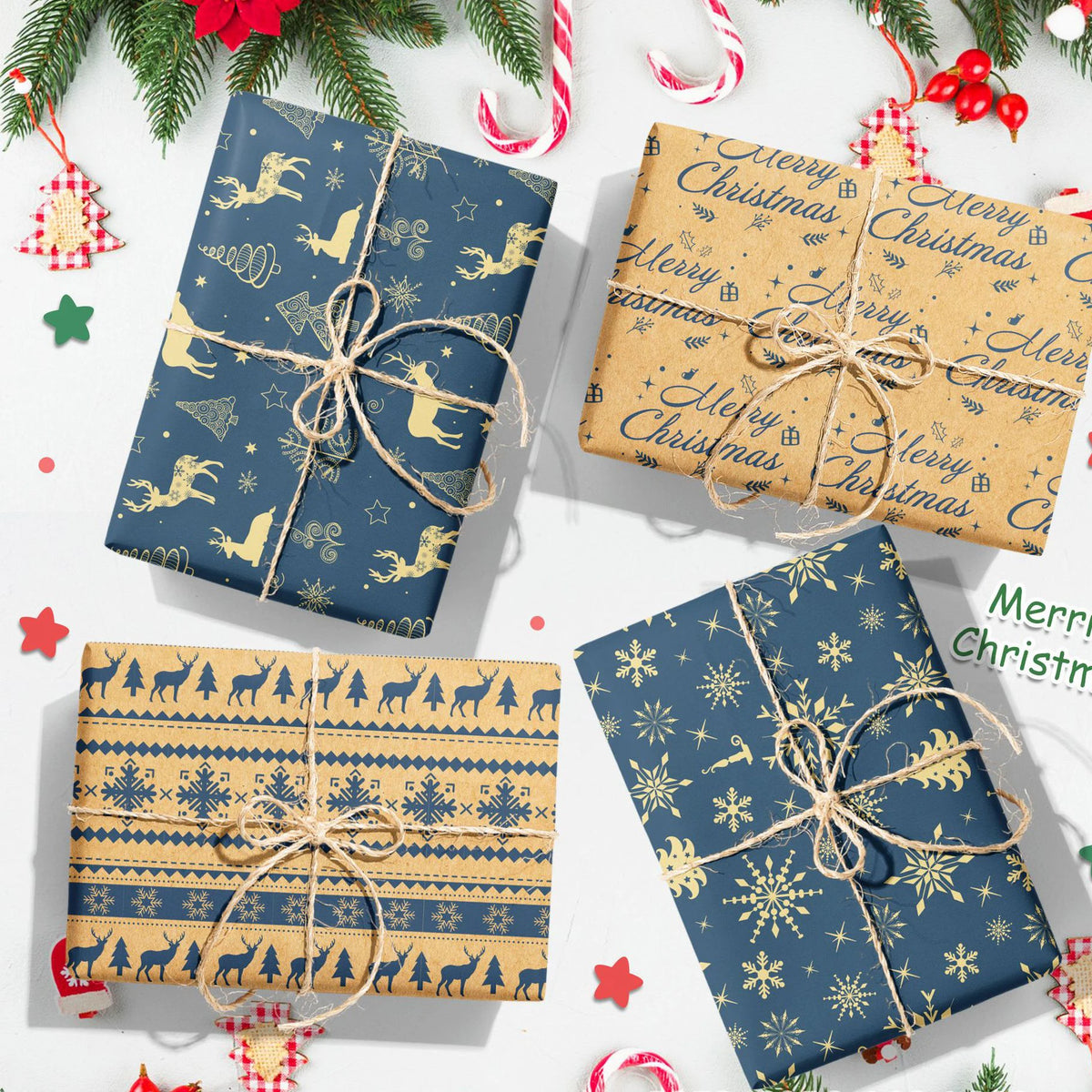 12-Sheet Christmas Kraft Wrapping Paper Set – 4 Festive Designs