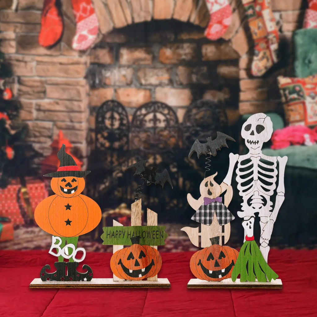Halloween Wooden Table Centerpiece – Bat Ghost Skull Décor
