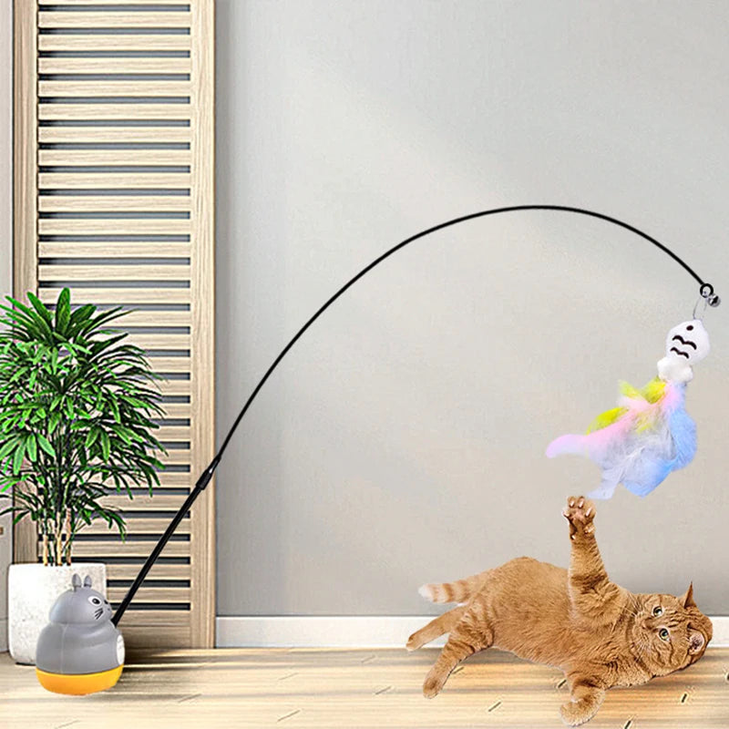 Feather Cat Fishing Wand Toy – Steel Wire Long Pole for Cats