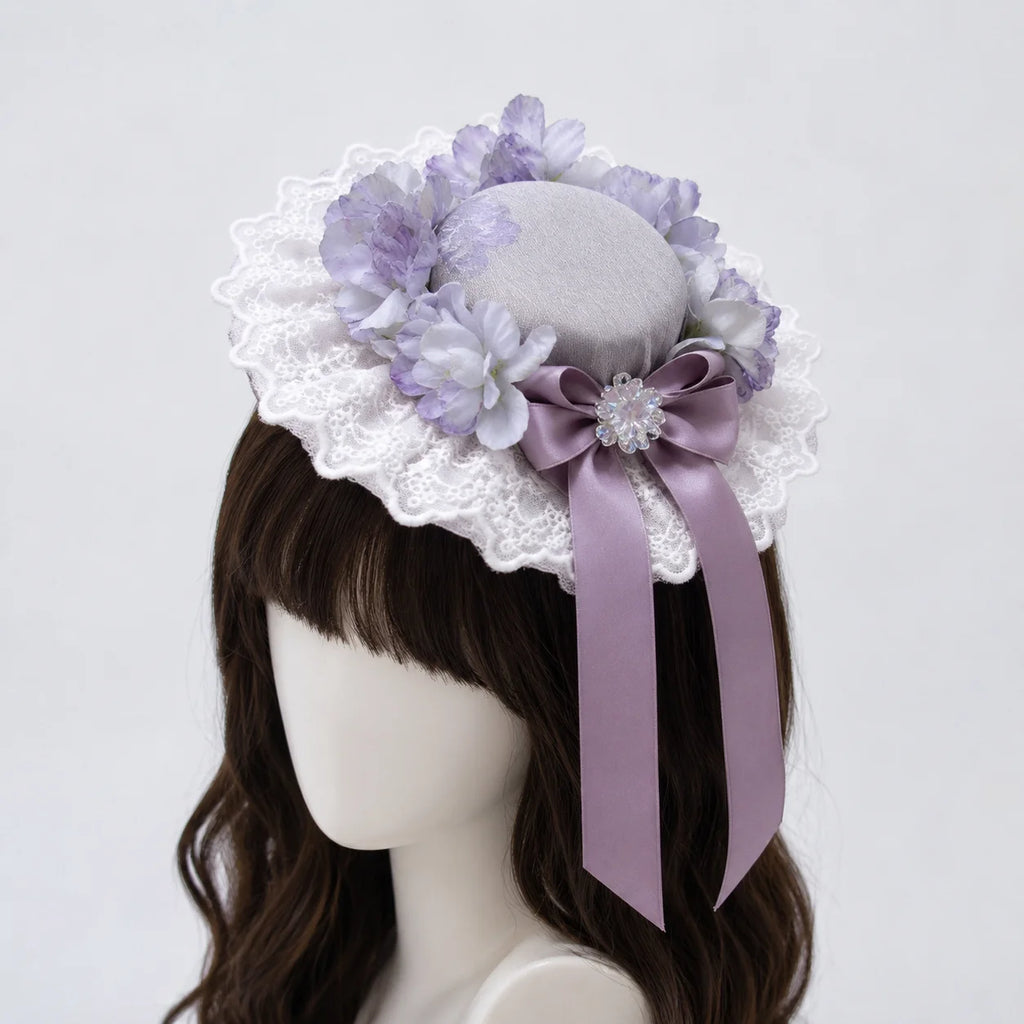 Lolita Floral Lace Mini Hat Fascinator with Lavender Bow