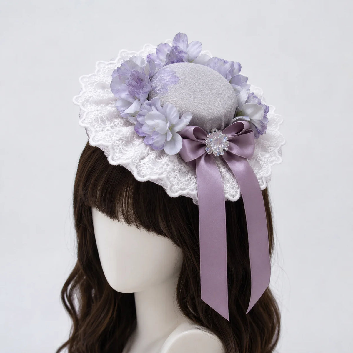 Lolita Floral Lace Mini Hat Fascinator with Lavender Bow
