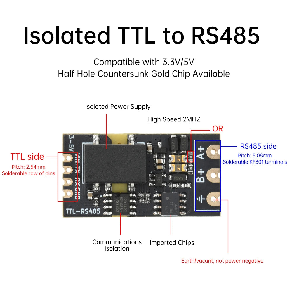 Isolated TTL to RS485 Module 3.3V/5V Auto-Reversing 2Mbps