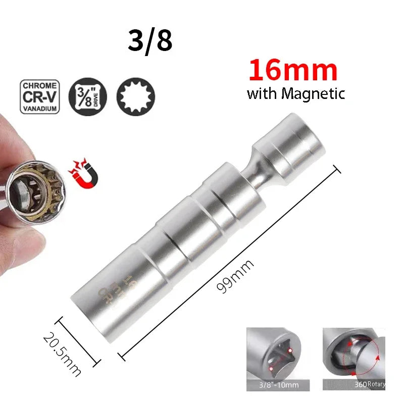 Magnetic Spark Plug Socket 14/16mm – 360° Rotary Removal Tool