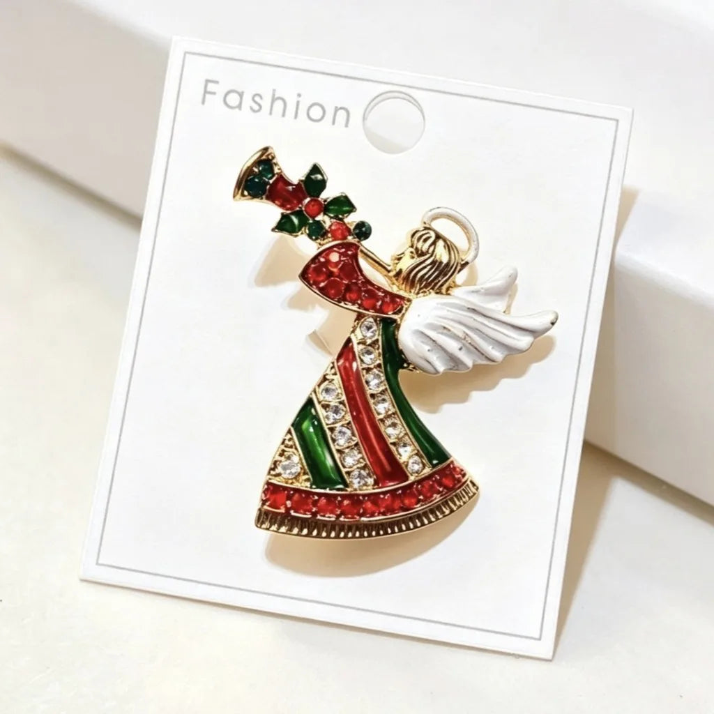 Angel Horn Rhinestone Christmas Brooch – Red & Green Holiday Pin