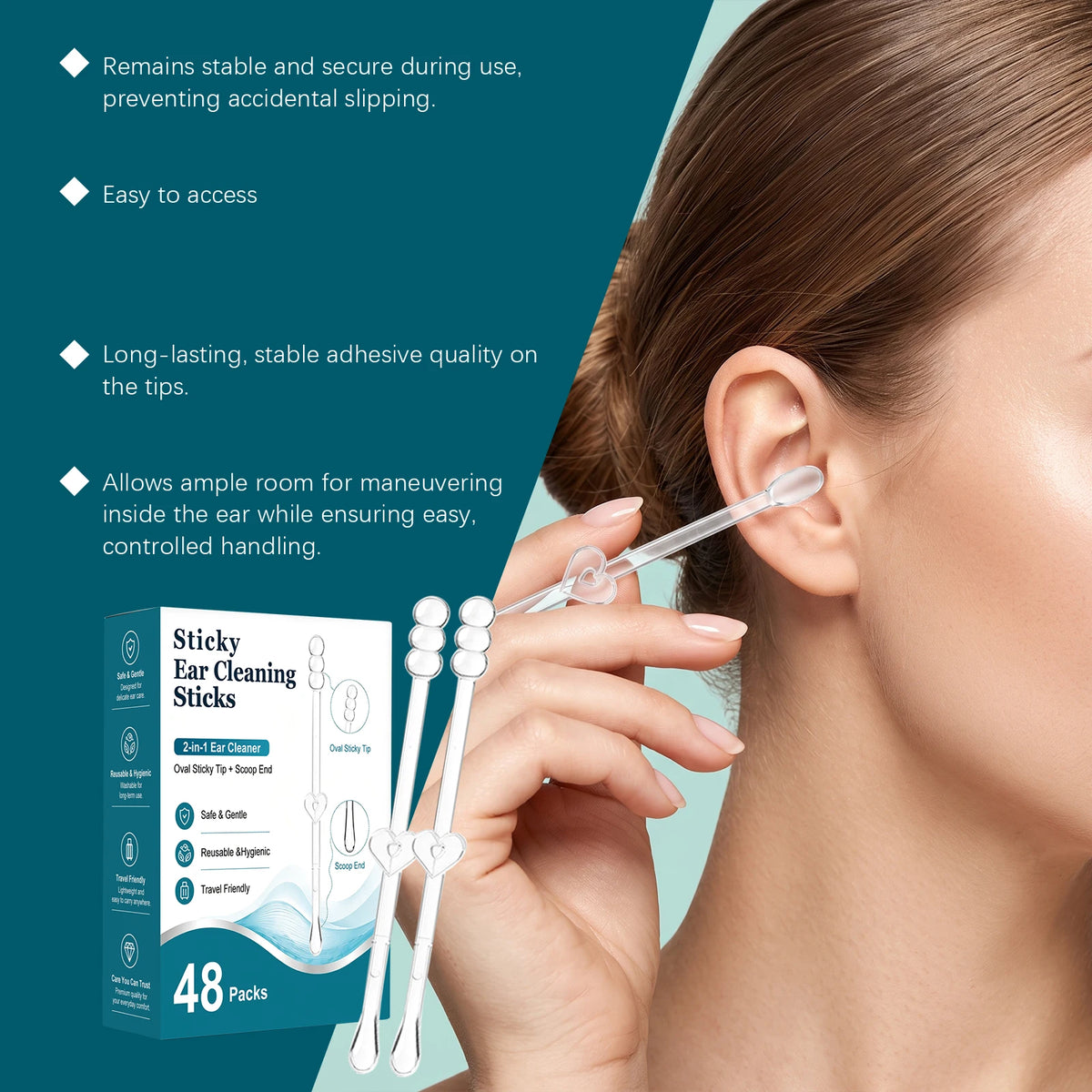 Sticky Ear Cleaning Sticks 48PCS – 2-in-1 Ear Wax Removal