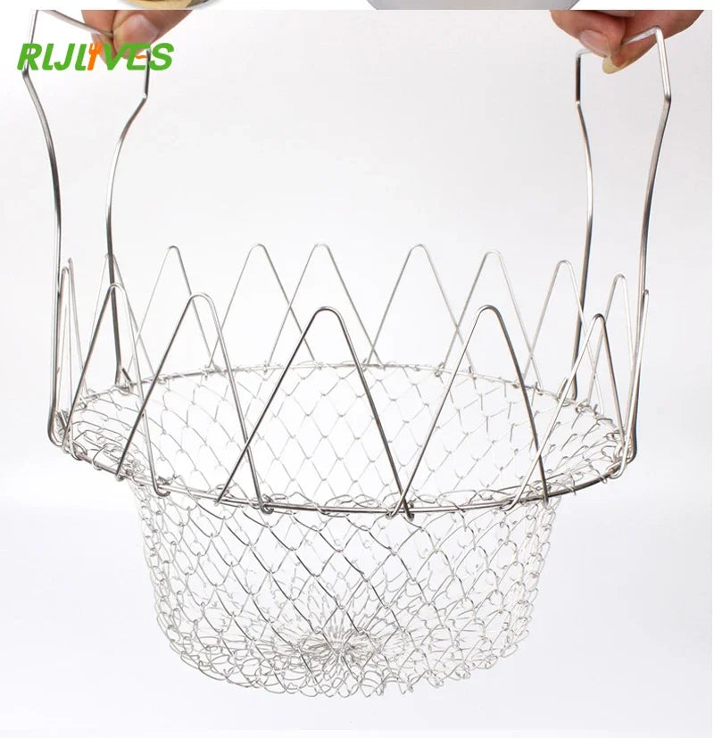 Foldable Stainless Steel Fry Colander & Mesh Strainer Basket