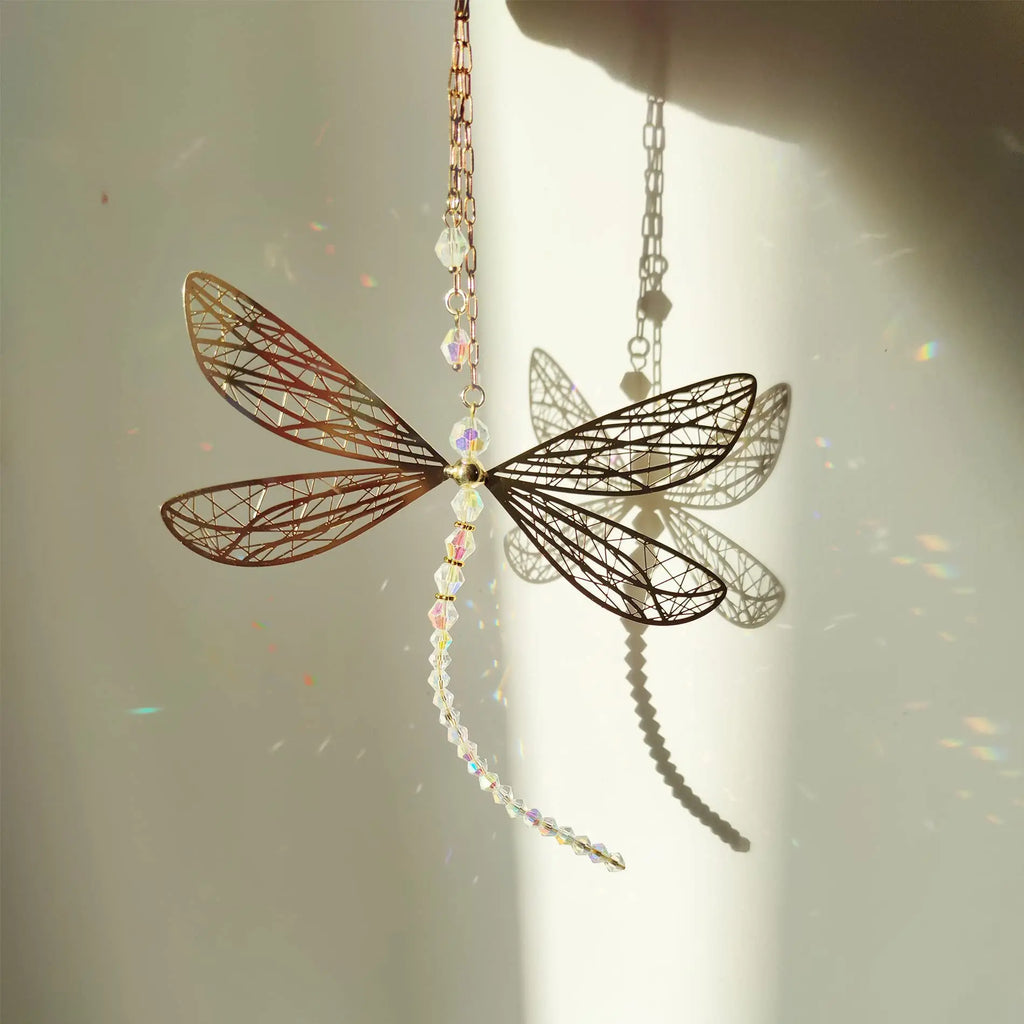 Dragonfly Suncatcher Pendant – Metal Wings & Crystal Window Decor