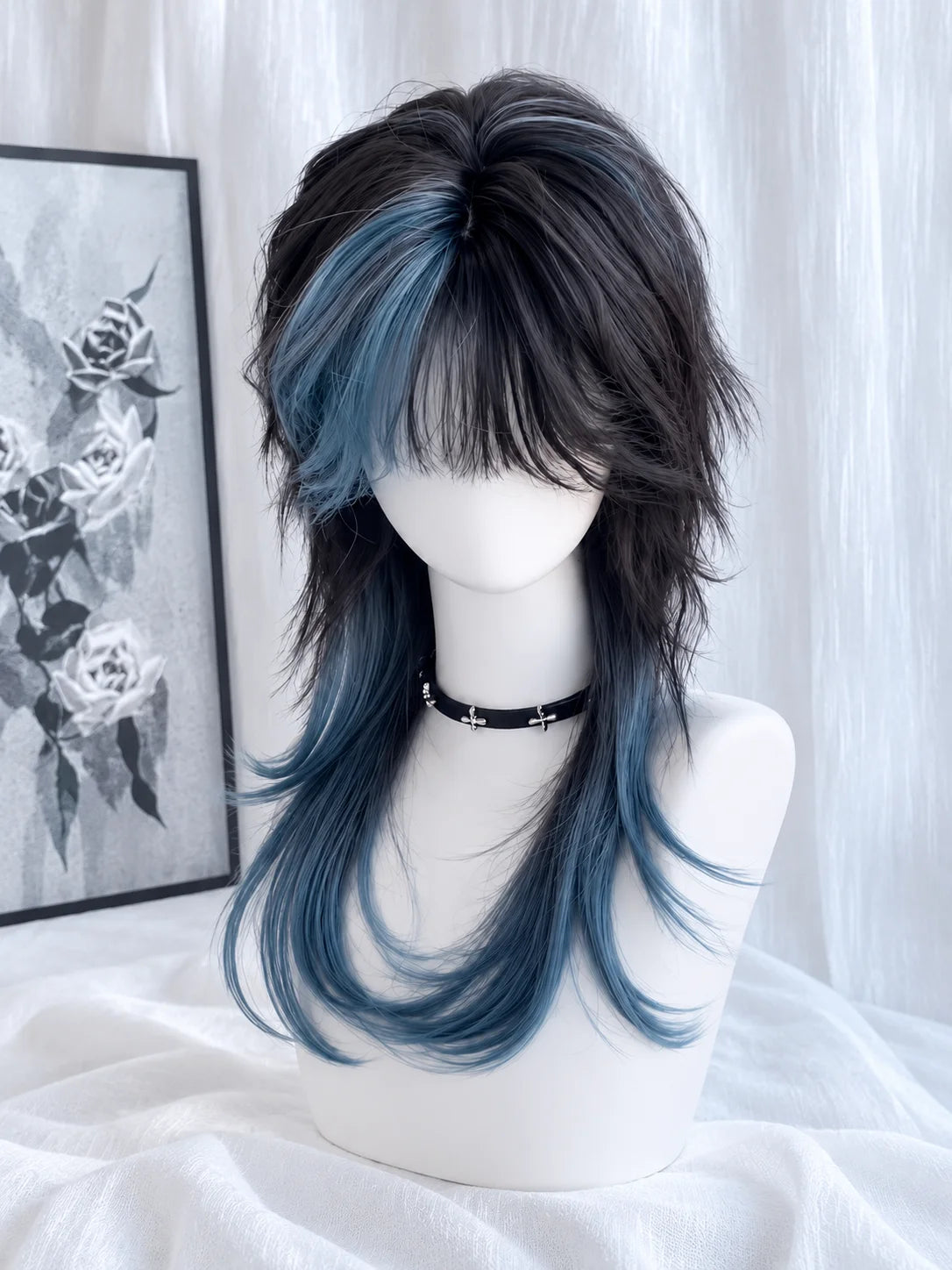Black Blue Wolf Cut Wig – Layered Jellyfish Mullet Highlights