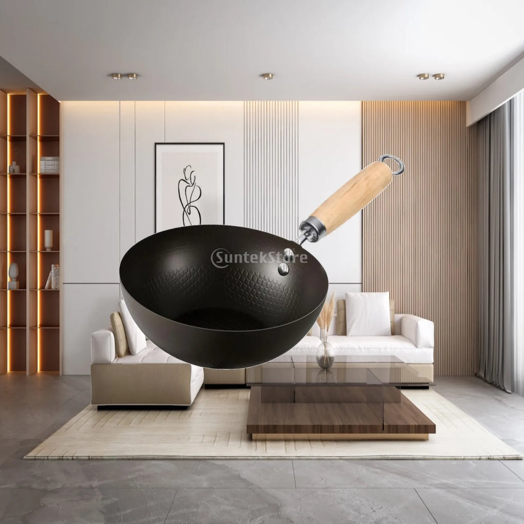 Kesoto Cast Iron Nonstick Wok Pan with Wood Handle