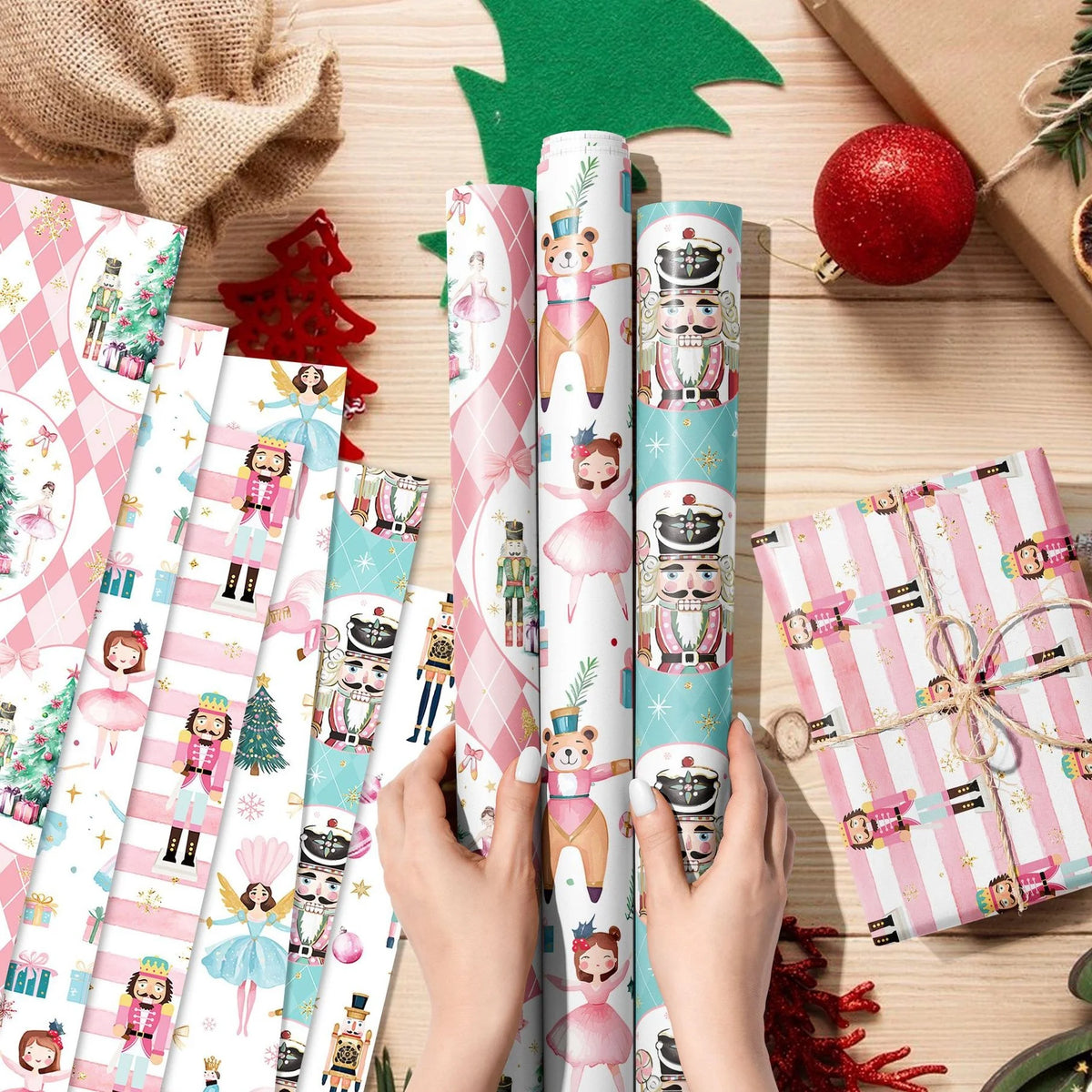 12-Sheet Pink Christmas Wrapping Paper Set | 6 Festive Designs