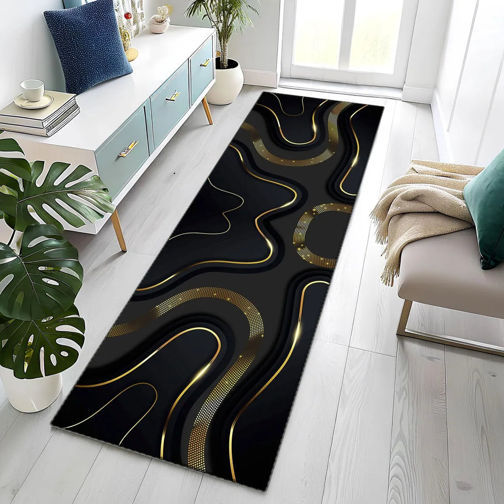 3D Abstract Black Gold Runner Rug – Non-Slip Area Carpet
