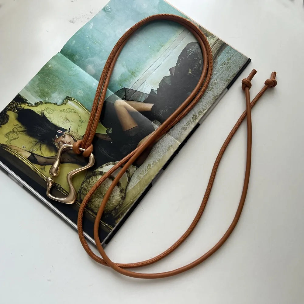 Women's Thin PU Leather Knotted Waist Belt – Golden Buckle