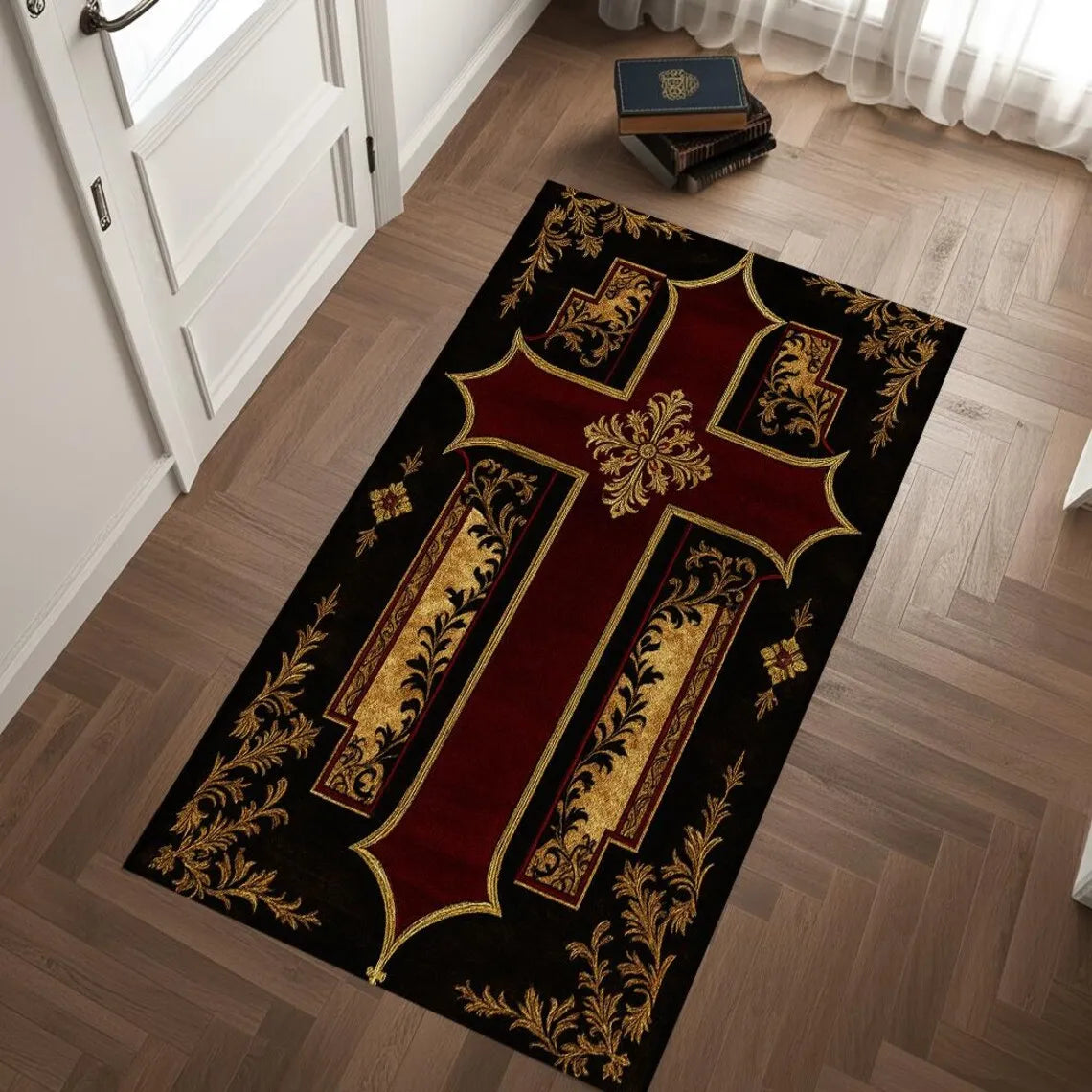 Luxury Red Gold Cross Prayer Rug – Religious Worship Carpet