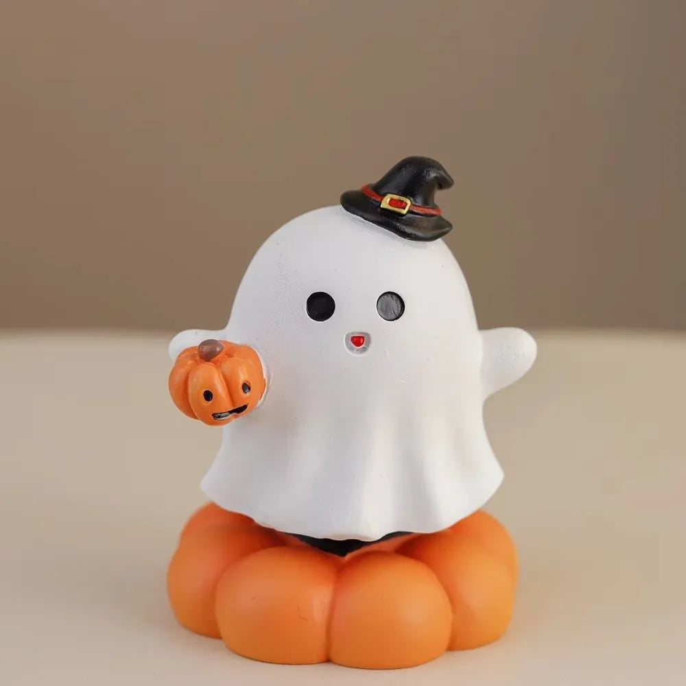 Resin Halloween Ghost Figurine | Mini Pumpkin & Skull Decor