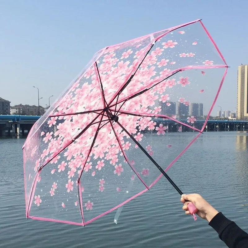 Cherry Blossom Transparent Triple Folding Umbrella | Artistic
