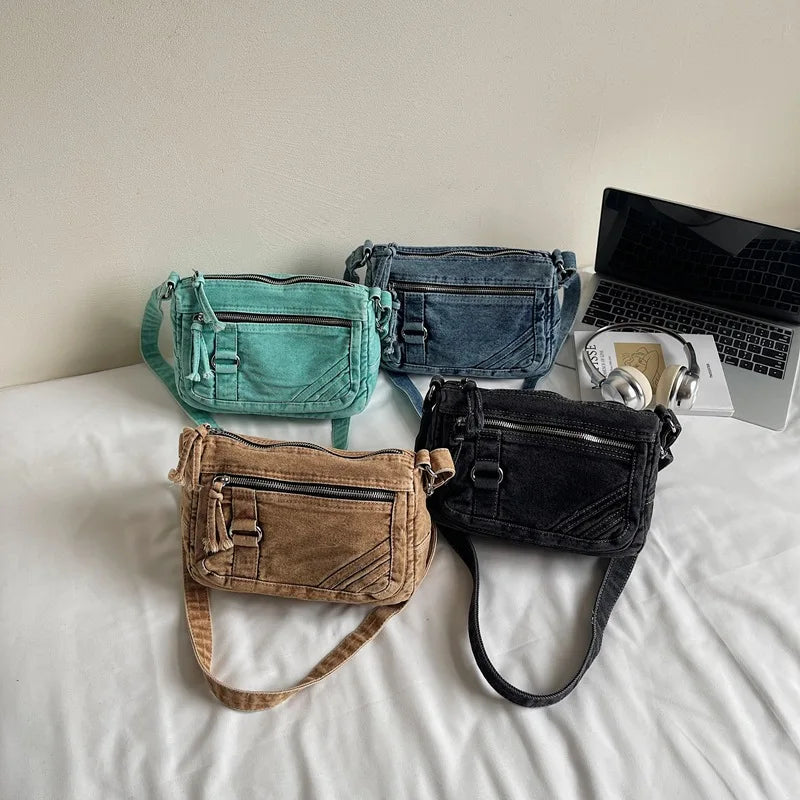 Retro Washed Denim Crossbody Bag | Multi-Pocket Square Bag