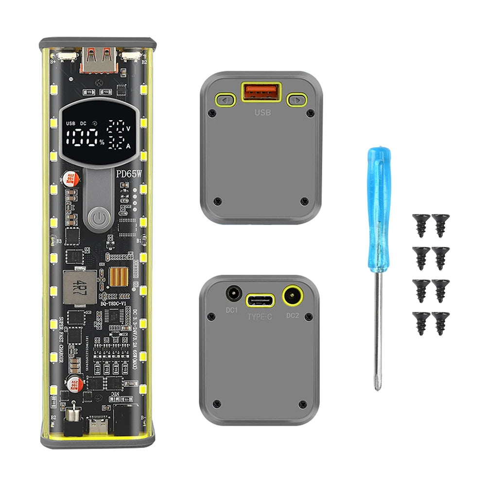 PD 65W Transparent Power Bank Case – 8×18650 DIY Battery Box