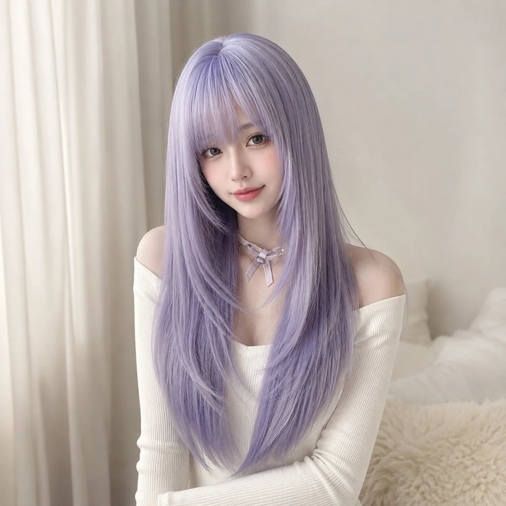 Purple Long Straight Wig – Lolita Blunt Bangs Y2K Cosplay