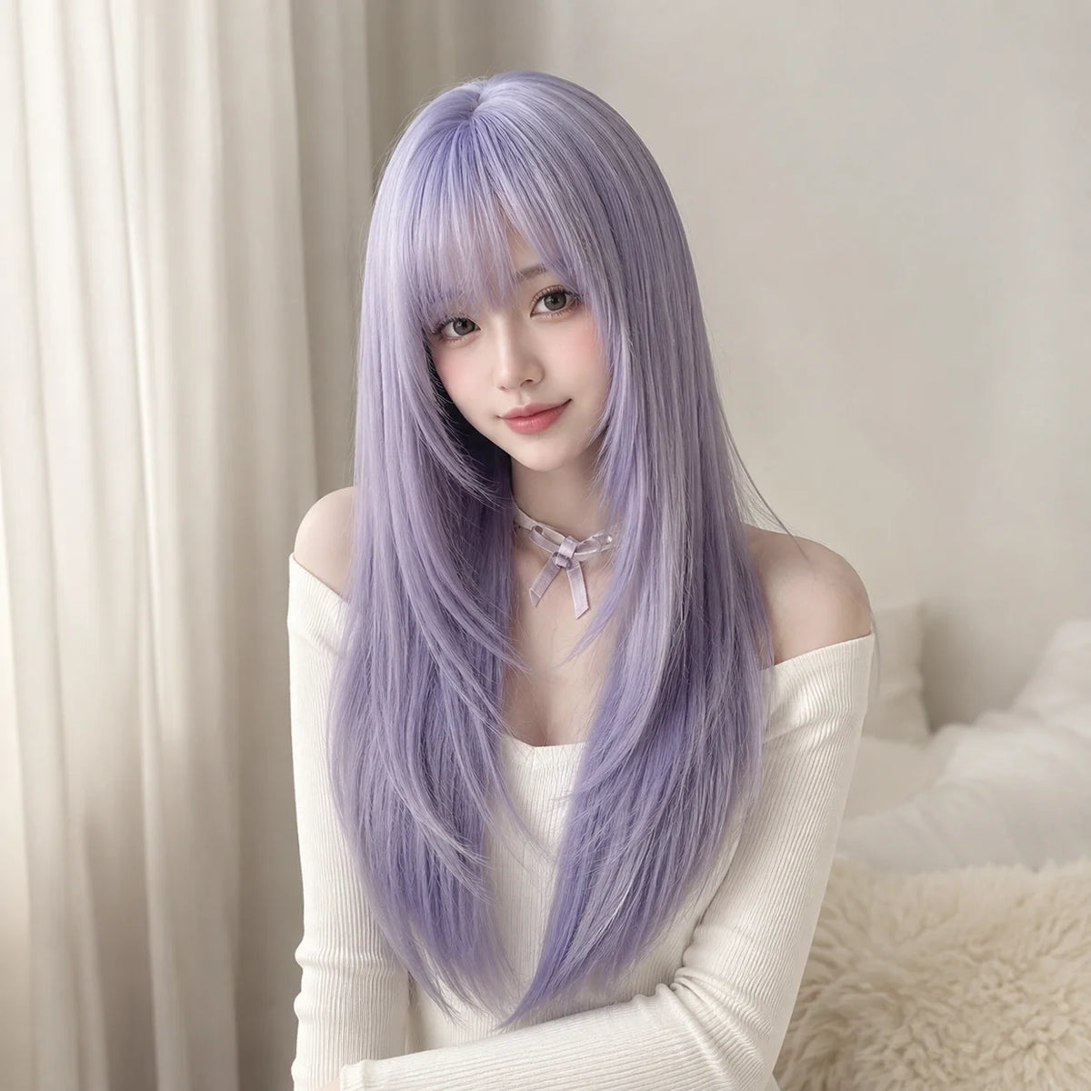 Purple Long Straight Wig – Lolita Blunt Bangs Y2K Cosplay