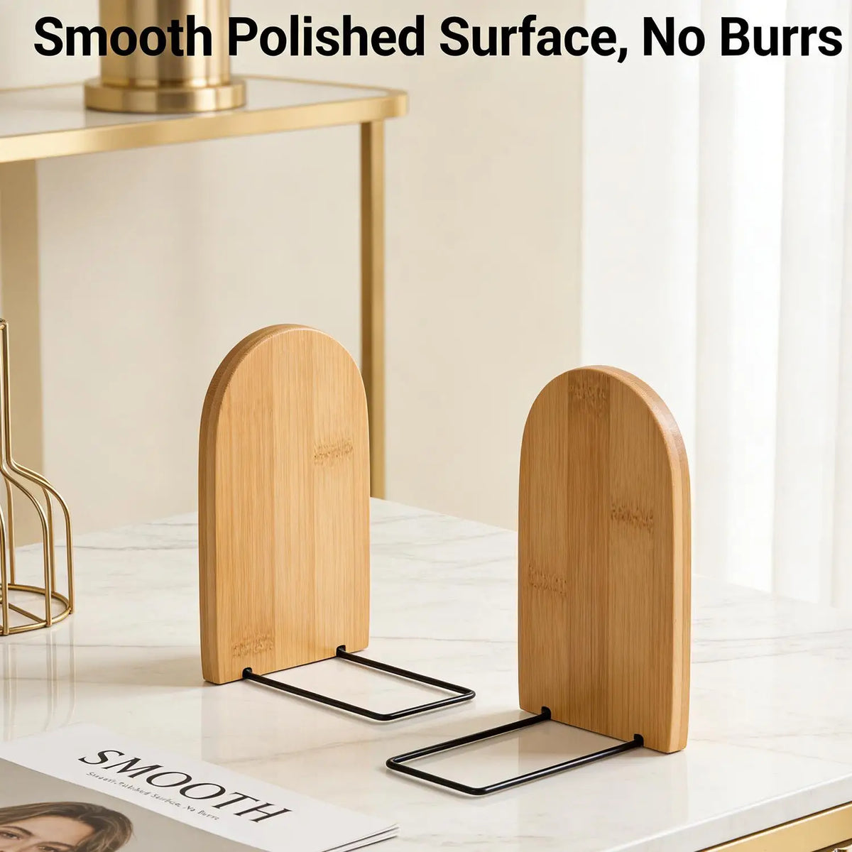 Bamboo & Metal Bookends – Non-Slip Heavy-Duty Pair